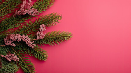 Top view of tree branches with Christmas ornaments and details on a dark pink background