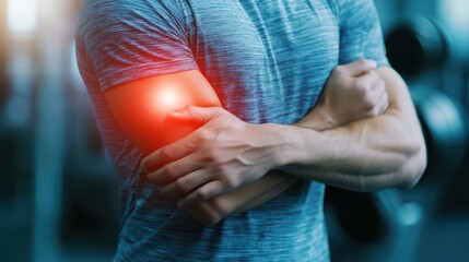 Man with serious elbow pain, showcasing discomfort in athletic setting.