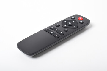 Remote control with minimalist buttons for TV or PC monitor isolated on white background