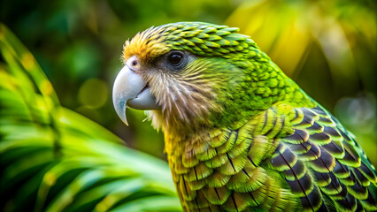Obraz premium Vibrant of a Kakapo showcasing its unique green plumage and nocturnal behavior , Kakapo, vibrant,green plumage