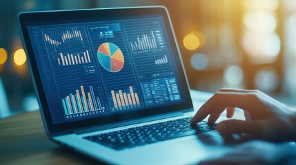 Person working on laptop with data analysis graphs on screen, blurred background.