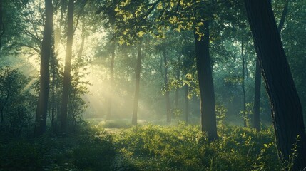 Obraz premium Sunbeams Illuminating a Misty Forest Path