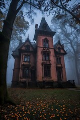 Naklejka premium A spooky Gothic Style mansion in the middle of a dark, foggy forest.