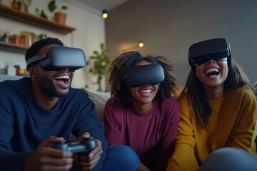 Three people are laughing and wearing virtual reality headsets