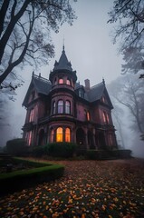 A spooky Gothic Style mansion in the middle of a dark, foggy forest.