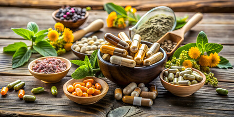 Various natural health supplements displayed on a rustic wooden table promoting wellness, natural, health