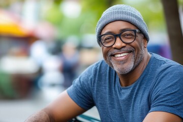 A man wearing a blue shirt and a gray hat is smiling