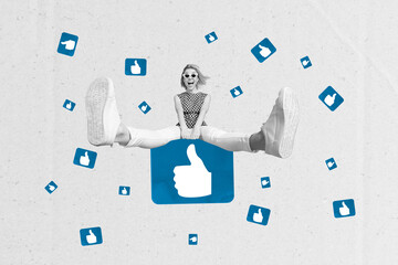 Artwork collage image of overjoyed woman popular blogger enjoy success isolated on drawing...