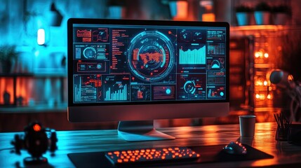 Computer monitor with data and charts. This image is perfect for illustrating technology, data analysis, and the digital world.