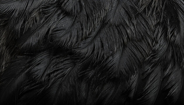 Close-up of black Ostrich feathers with intricate details and soft textures creating a luxurious, elegant abstract pattern background, luxury high end fashion, erotic, fetish, gothic, boudoir themes