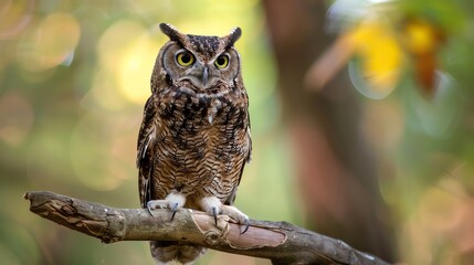 A Great Horned Owl perched on a branch with a blurred background of leaves and branches.