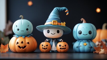 Obraz premium Whimsical Halloween Characters with Pumpkins and Witches in Festive Autumn Setting