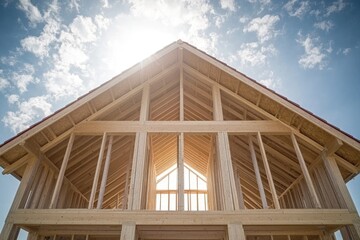 Obraz premium A wooden frame of a house under construction. This image can be used for real estate, construction, and home improvement websites.