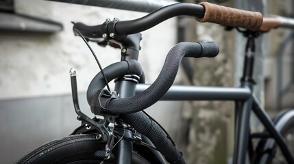 A black bicycle with a leather handlebar.