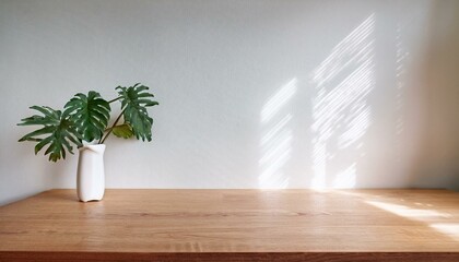 Kitchen wooden countertop on white wall background. Minimalistic room with tabletop and plant in vase for product presentation. Clean closeup mockup. interior of a room with a plant