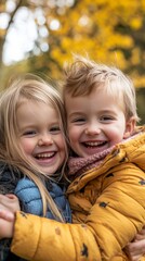 Fototapeta premium A family portrait of siblings playing together in a park, with a playful moment frozen in time, laughter evident on their faces