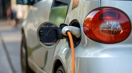Obraz premium ハイブリッド車の電気ソケットに接続する充電コネクタ