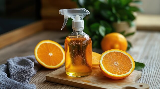 A glass bottle of orange cleaning solution made with essential oils and vinegar, perfect for an eco-friendly home cleaning routine