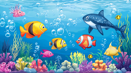 Naklejka premium colorful cartoon illustration of the underwater world with various fish bubbles and coral reefs