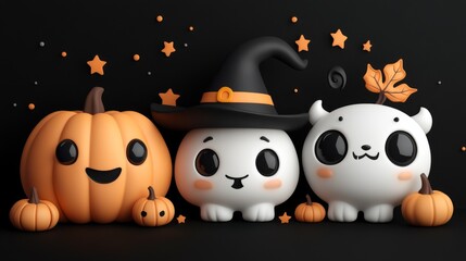 Fototapeta premium Whimsical Halloween Characters with Pumpkins and Witches in Festive Autumn Setting