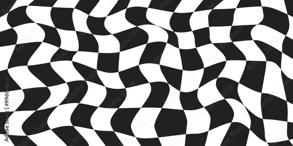 Poster Twisted checkered colorful background. Abstract vector pattern. Black and white colors. Retro wavy psychedelic checkerboard