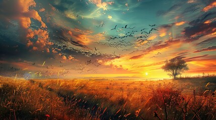 Fototapeta premium Majestic Sky over Wilderness at Sunset: A Spectacular Natural Scenery. Witness the Beauty and Serenity.