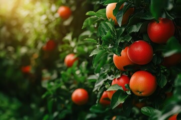 Vibrant oranges growing on lush green branches in a sunlit orchard.