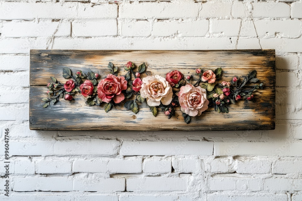 Wall mural rustic floral wall decor, wooden sign with flowers on a white brick wall adds a cozy touch to your l