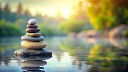 Obraz premium Pile of stones in a serene meditation background , zen, balance, relaxation, mindfulness, tranquility, peaceful, nature
