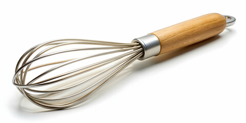 Clean new steel whisk with wooden handle isolated on white background, whisk, egg beater, mixer