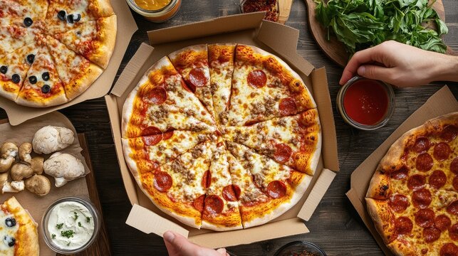 A pizza subscription box being delivered to a customer, offering a variety of pizza styles and toppings each month for at-home enjoyment