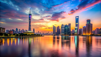 Obraz premium Guangzhou city skyline with colorful sunset and illuminated buildings, Guangzhou, skyline, city, sunset, colorful