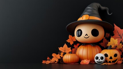 Whimsical Halloween Characters with Pumpkins and Witches in Festive Autumn Setting