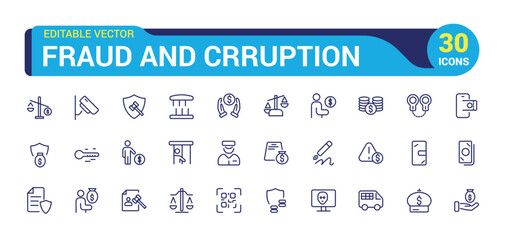 Fraud and crruption icon set. Money crime line icons. Phishing robbery, crime and tax offense line icons. Fraud and wallet cash.