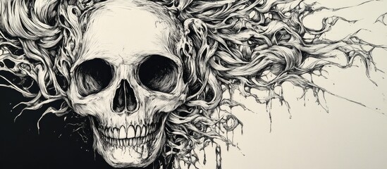 Surreal hand drawn skull art on paper