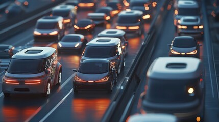 Fototapeta premium A fleet of autonomous vehicles rerouting dynamically to avoid traffic, showcasing transport optimization
