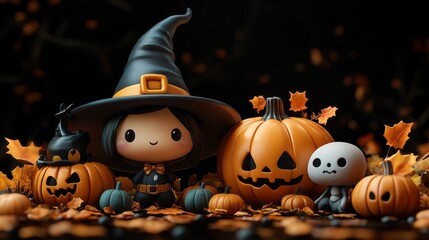 Obraz premium Whimsical Halloween Characters with Pumpkins and Witches in Festive Autumn Setting
