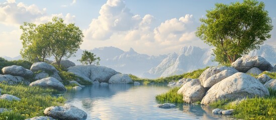 3D rendering of a fantastical landscape featuring rocks and a serene lake