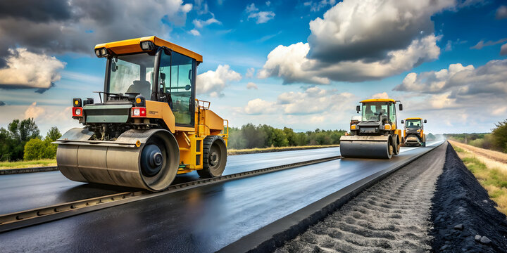 Asphalt paver machine and steam road roller working together to pave a smooth road surface, asphalt paver, paving