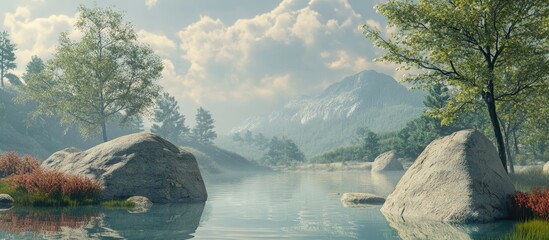 3D illustration depicting a whimsical forest landscape featuring a serene lake and large rocks set against a cloudy backdrop