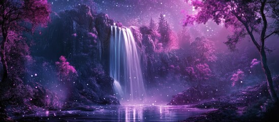Enchanting mystical scene featuring a sparkling waterfall surrounded by a vibrant purple forest set against a backdrop of cosmic space