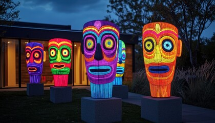 Projection mapped art on sculptures in an outdoor setting, vivid night display