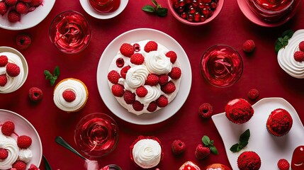 Fototapeta premium A vibrant red food spread featuring beautifully plated dishes like raspberry pavlova and red velvet cupcakes, perfect for a culinary showcase