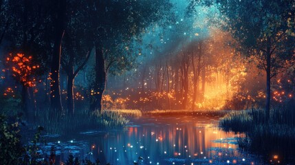 Enchanted Surreal Forest Artwork with Glowing Elements