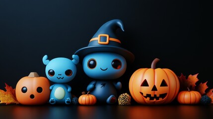 Whimsical Halloween Characters with Pumpkins and Witches in Festive Autumn Setting