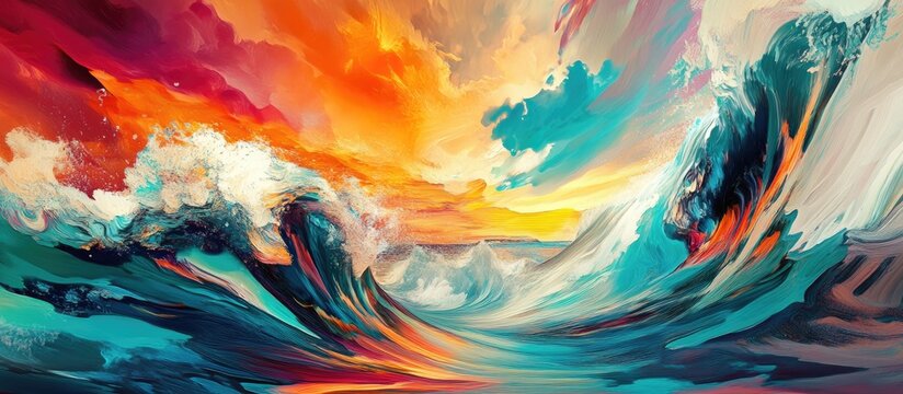 A vibrant and imaginative surreal seascape with bold colors and dynamic ocean elements