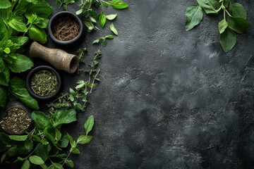 ayurveda concept with scattered herb leaves and roots on textured surface for natural healing banner design