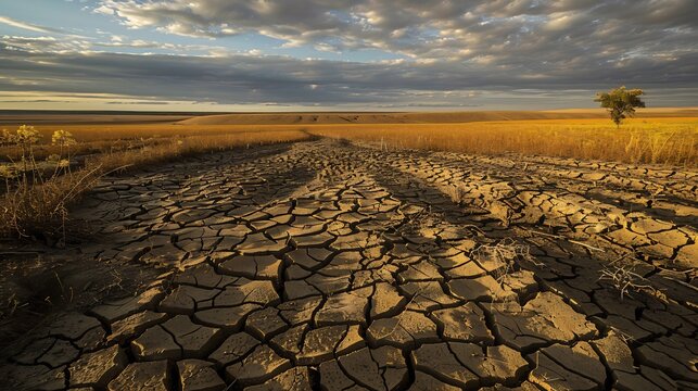 Dry cracked landscape once fertile now barren due to prolonged droughts intensified by climate change
