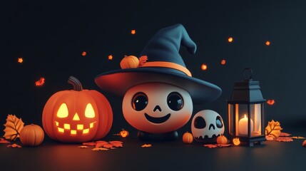 Whimsical Halloween Characters with Pumpkins and Witches in Festive Autumn Setting