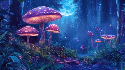 Surreal mushroom landscapes create a fantasy wonderland featuring moonlit fungi 2d illustration depicting dreamy mushrooms in an enchanting forest Banner design